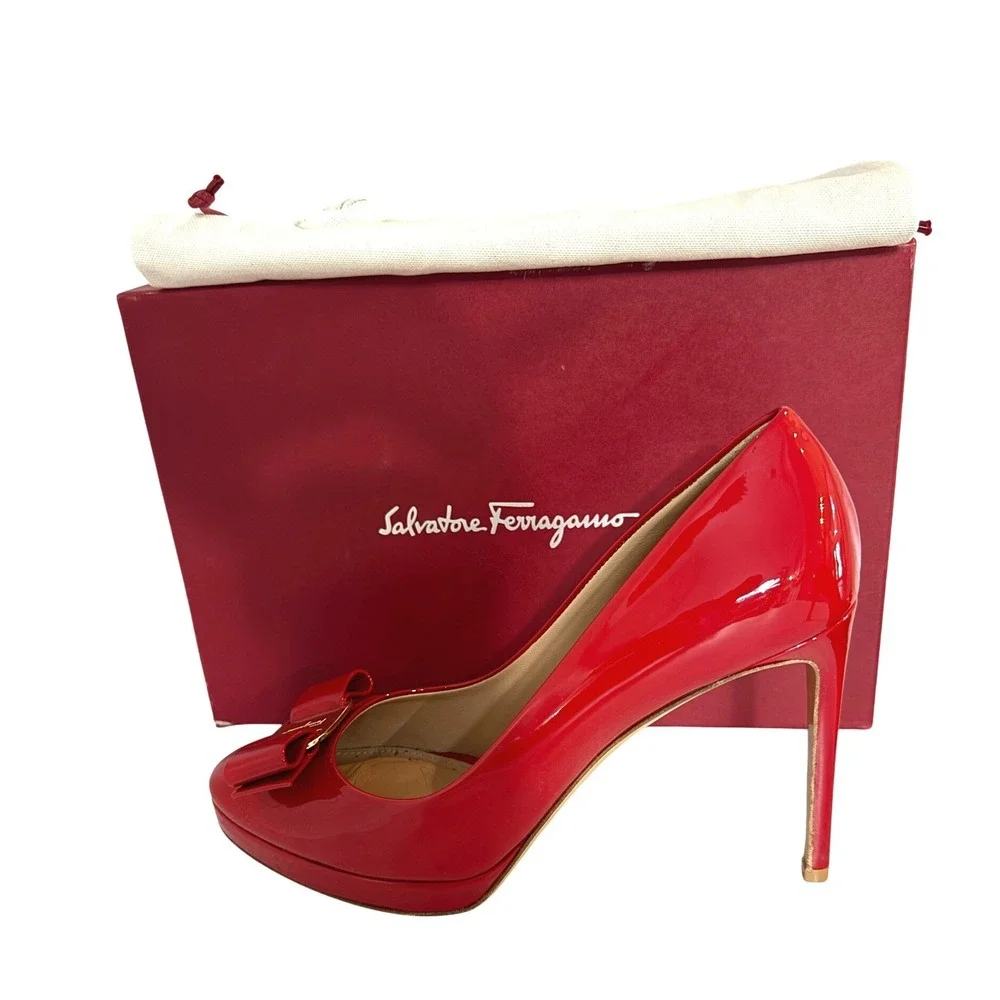 Salvatore Ferragamo Red Patent Leather Osimo Bow Platform Pumps 9.5C